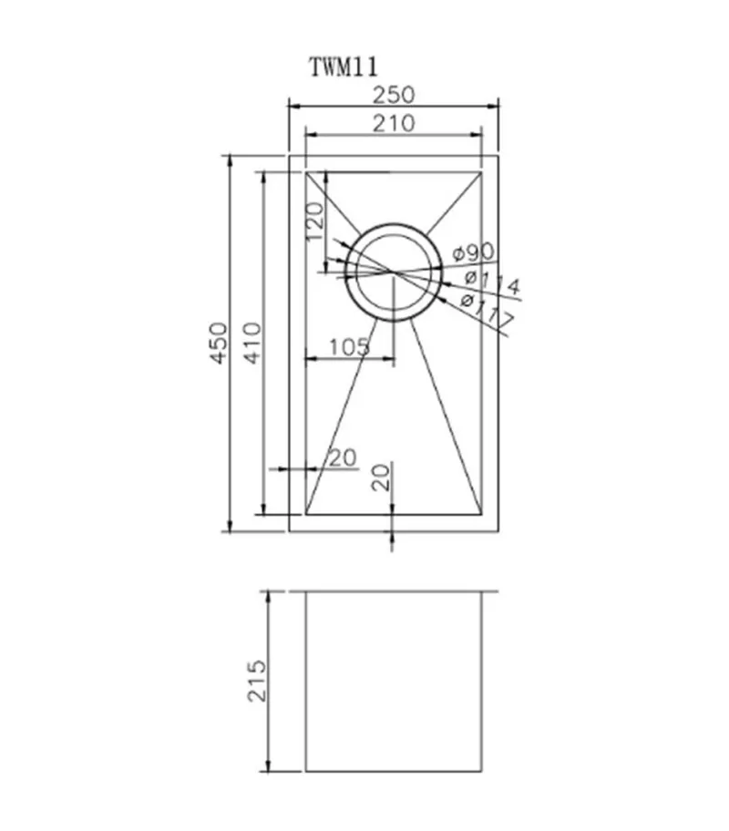 Aqua Handmade Single Bowl Sink 250mm TWM11 - Specification