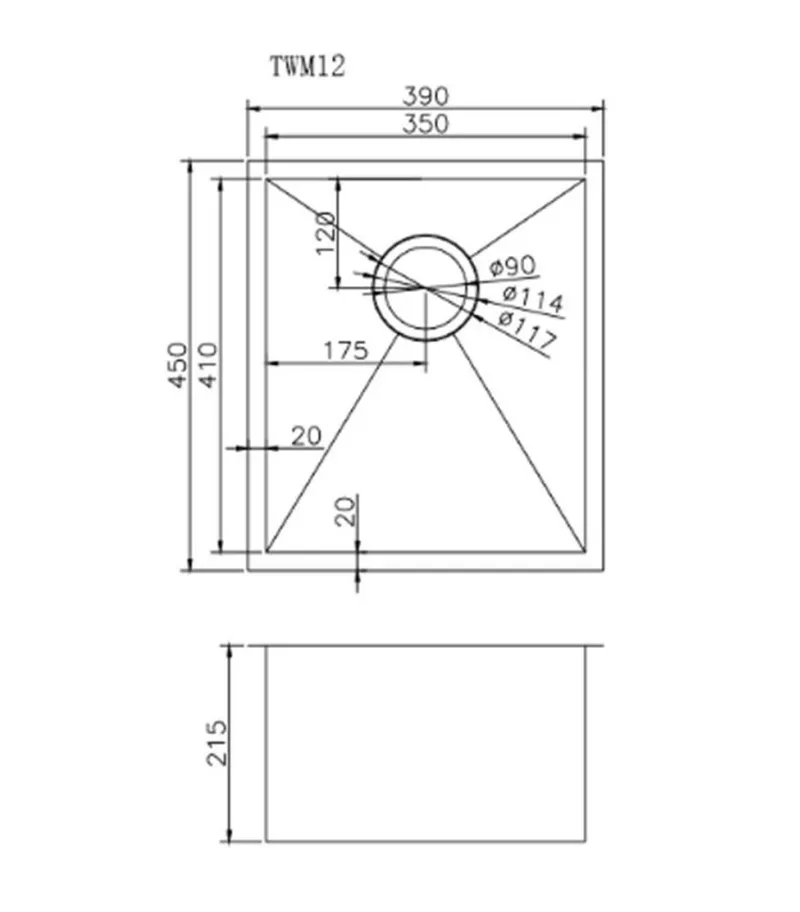 Aqua Handmade Single Bowl Sink 390mm TWM12G - Specification