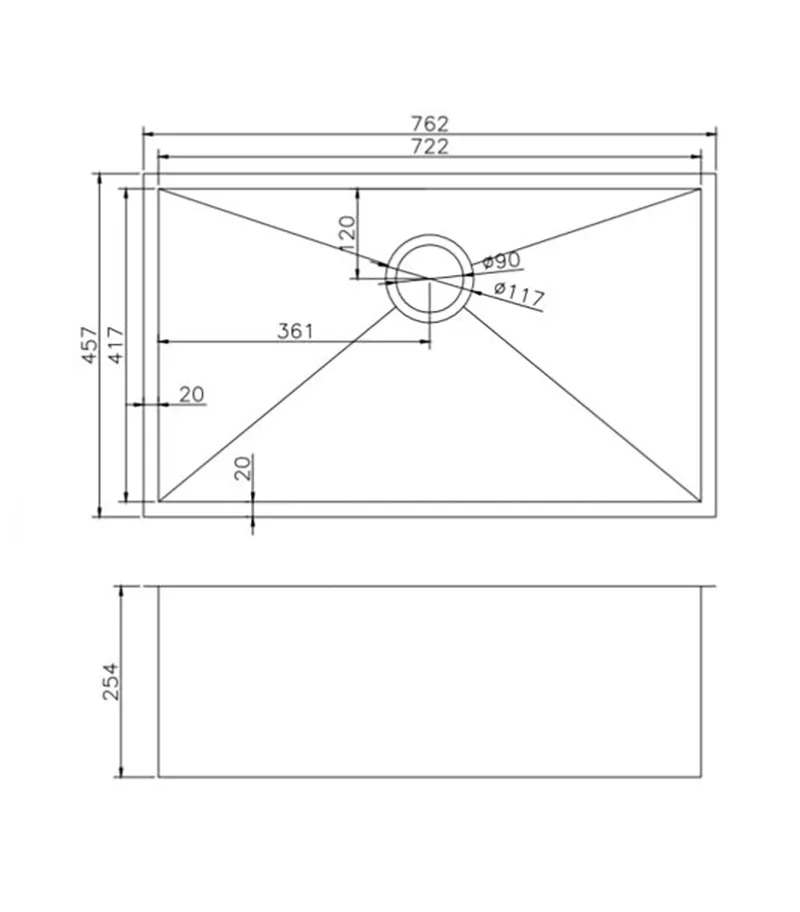 Aqua Handmade Single Bowl Sink 762mm TWM3 - Specification