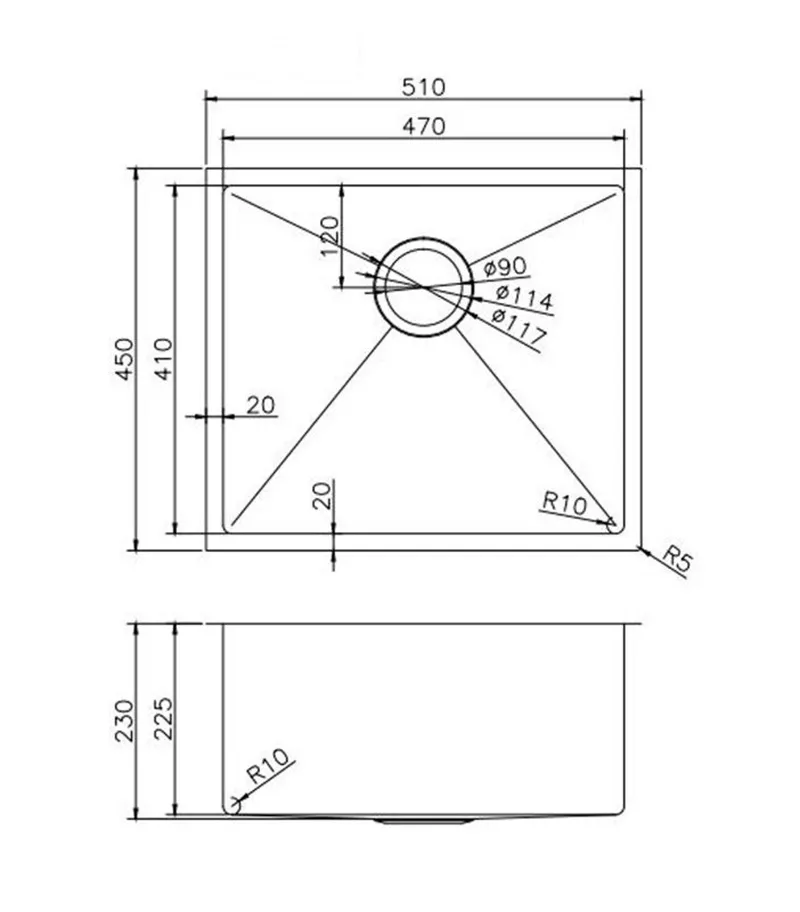 Aqua Handmade Single Bowl Sink 510mm TWM5 - Specification