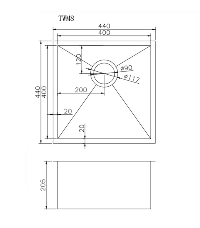 Aqua Handmade Single Bowl Sink 440mm TWM8 - Specification