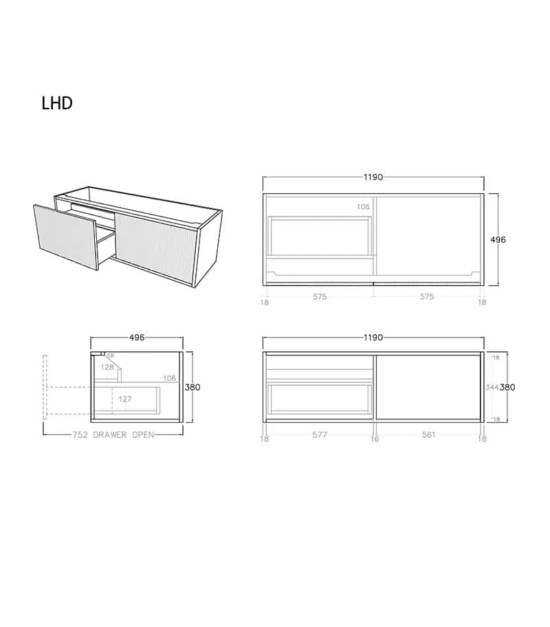 Bellevue Groove 1200mm Wall Hung Vanity Cabinet - LHD Specs Bellevue Groove 1200mm Wall Hung Vanity Cabinet - LHD Specs
