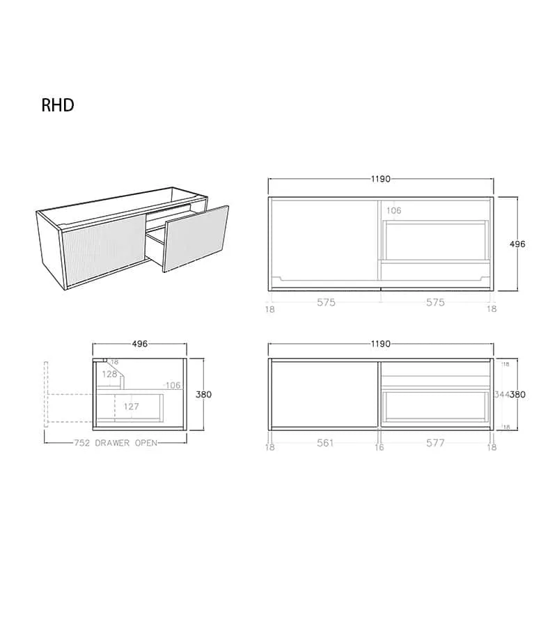 Bellevue Groove 1200mm Wall Hung Vanity Cabinet - RHD Specs Bellevue Groove 1200mm Wall Hung Vanity Cabinet - RHD Specs
