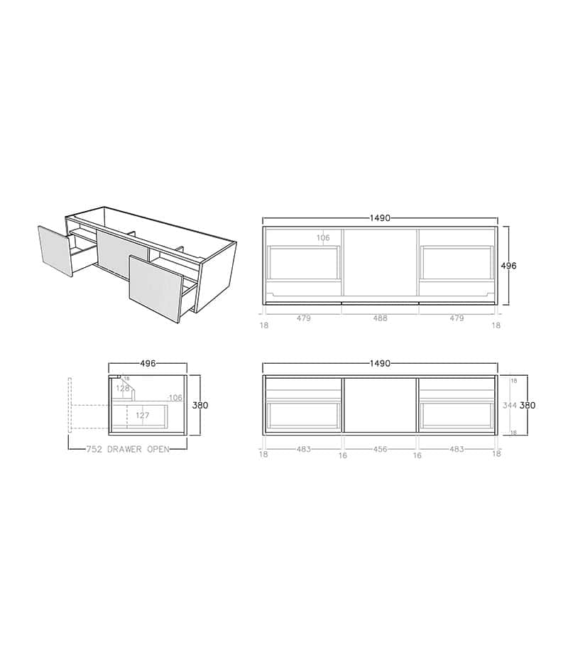 Bellevue Groove 1500mm Wall Hung Vanity Cabinet Specification