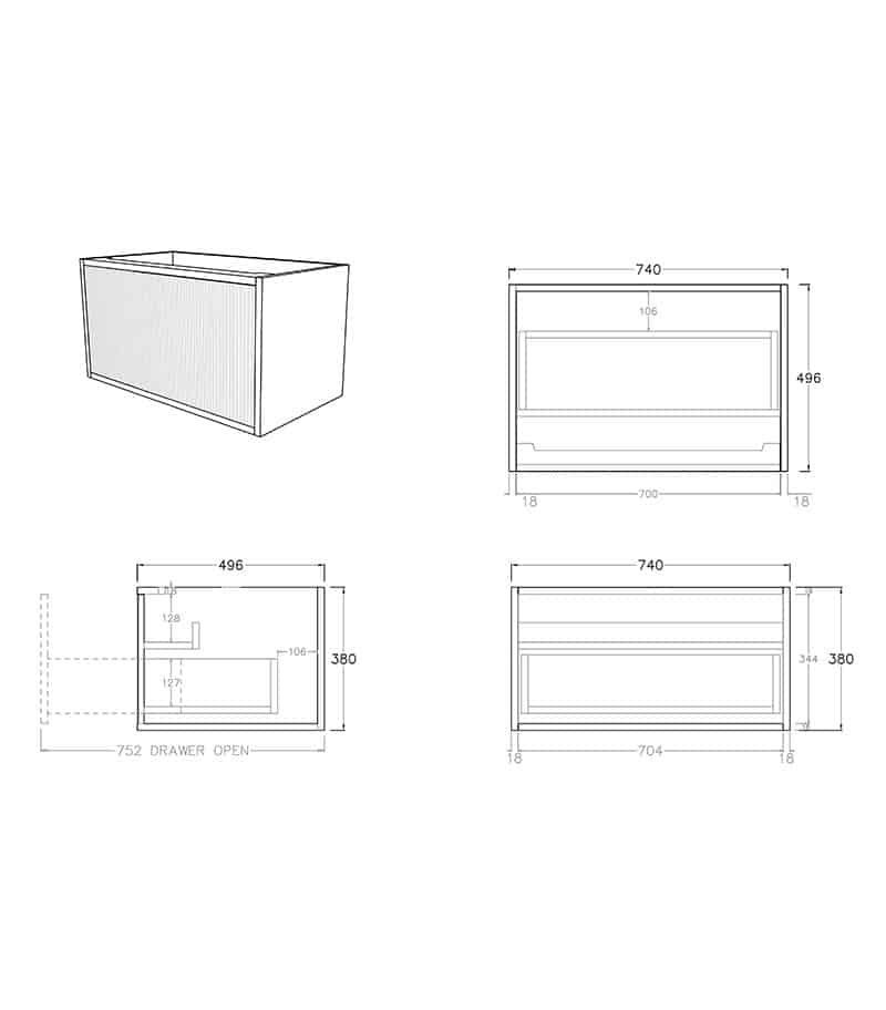 Bellevue Groove 750mm Wall Hung Vanity Cabinet Specification