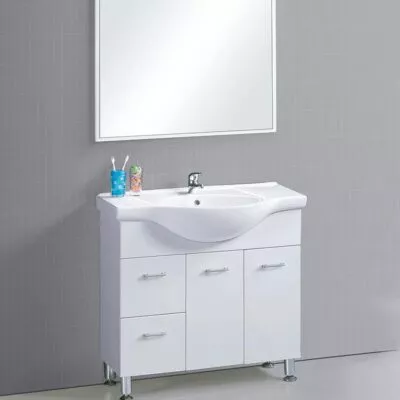Reno 900mm Semi-recessed Freestanding Vanity With Ceramic Top – Gloss White Left Hand Drawer