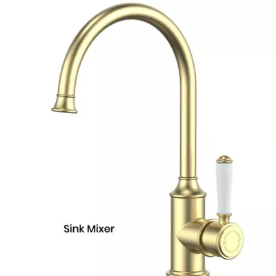 IKON Clasico Brushed Gold Ceramic Handle Gooseneck Sink Mixer HYB868-101A-BG