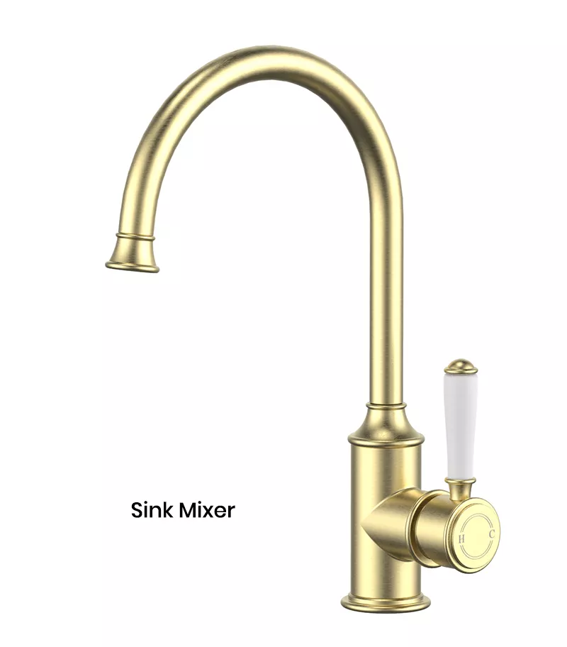 IKON Clasico Brushed Gold Ceramic Handle Gooseneck Sink Mixer HYB868-101A-BG