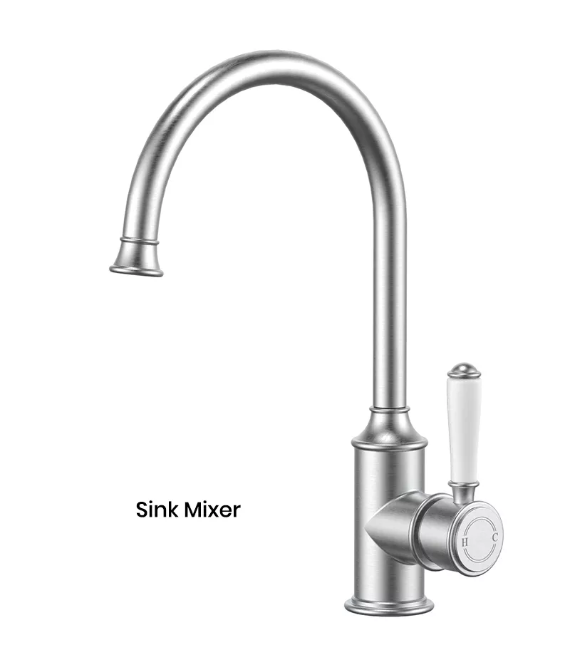 IKON Clasico Brushed Nickel Ceramic Handle Gooseneck Sink Mixer HYB868-101A-BN