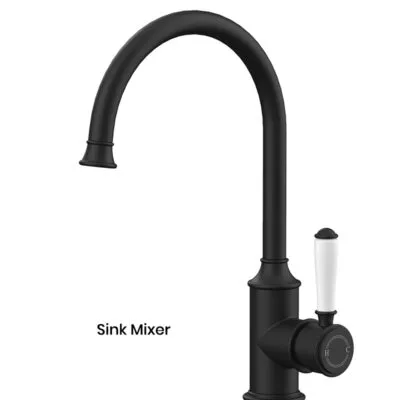 IKON Clasico Matt Black Ceramic Handle Gooseneck Sink Mixer HYB868-101A-MB