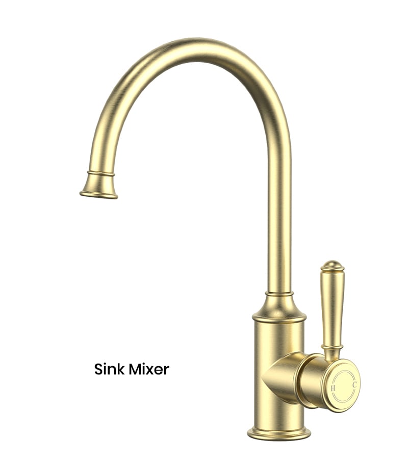 IKON Clasico Brushed Gold Solid Handle Gooseneck Sink Mixer HYB868-101BG