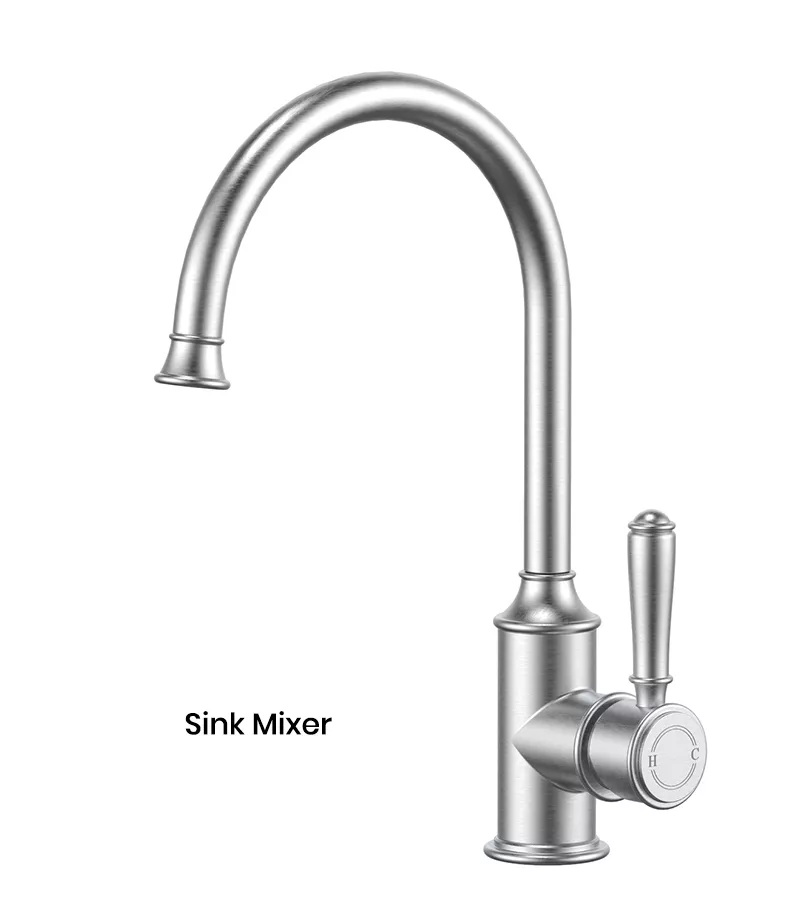 IKON Clasico Brushed Nickel Solid Handle Gooseneck Sink Mixer HYB868-101BN