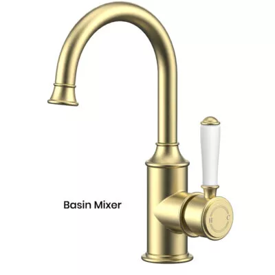 IKON Clasico Brushed Gold Ceramic Handle Gooseneck Basin Mixer HYB868-201A-BG