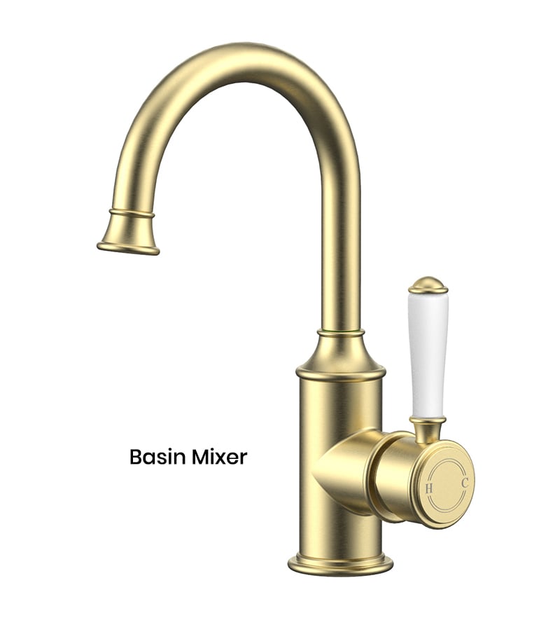 IKON Clasico Brushed Gold Ceramic Handle Gooseneck Basin Mixer HYB868-201A-BG