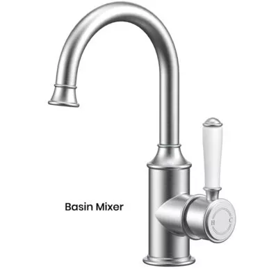 IKON Clasico Brushed Nickel Ceramic Handle Gooseneck Basin Mixer HYB868-201A-BN