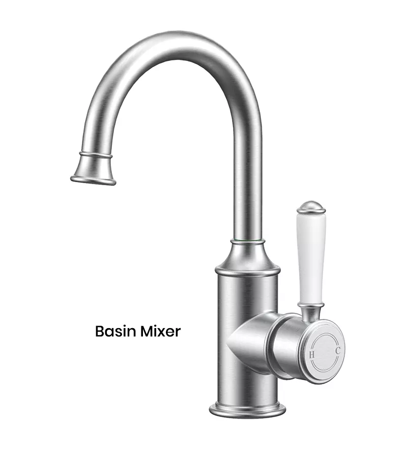 IKON Clasico Brushed Nickel Ceramic Handle Gooseneck Basin Mixer HYB868-201A-BN