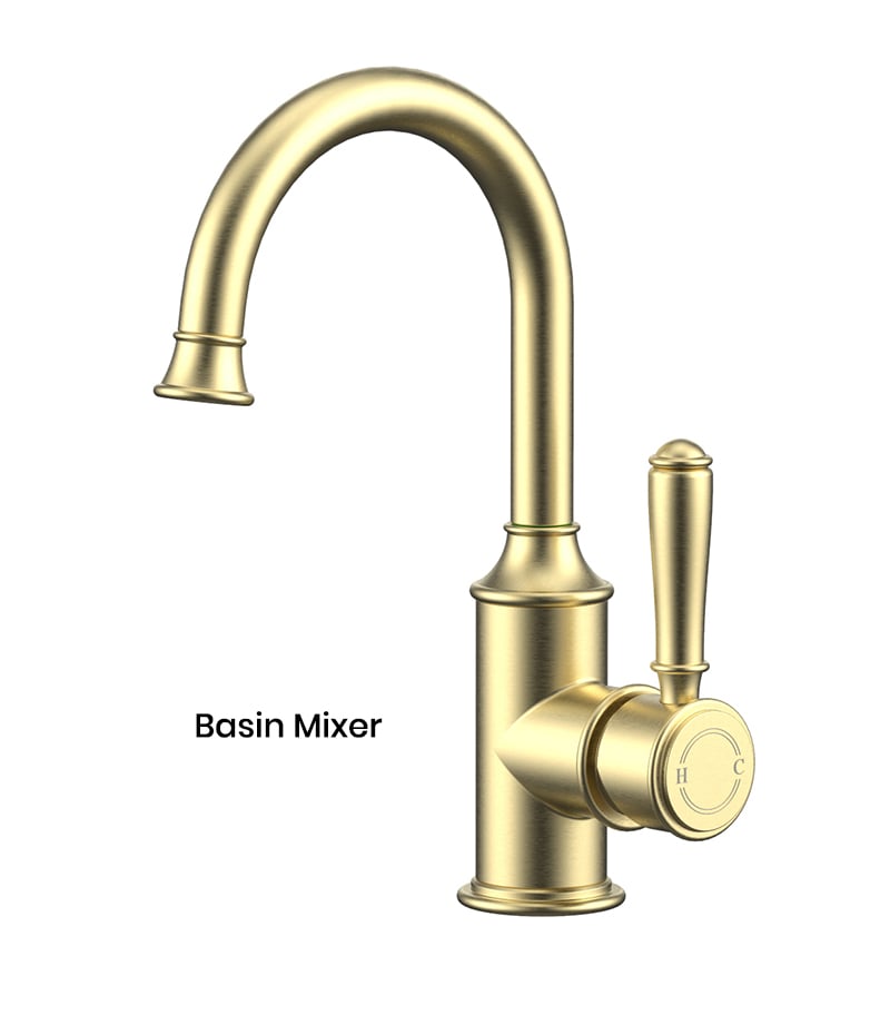IKON Clasico Brushed Gold Solid Handle Gooseneck Basin Mixer HYB868-201BG