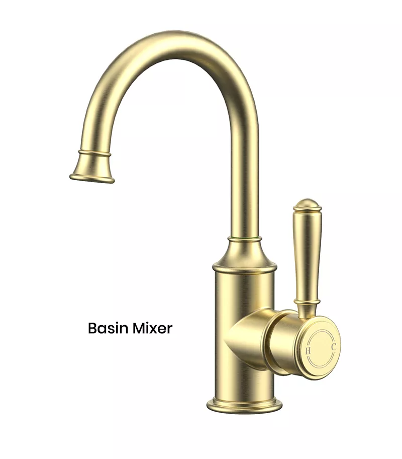 IKON Clasico Brushed Gold Solid Handle Gooseneck Basin Mixer HYB868-201BG