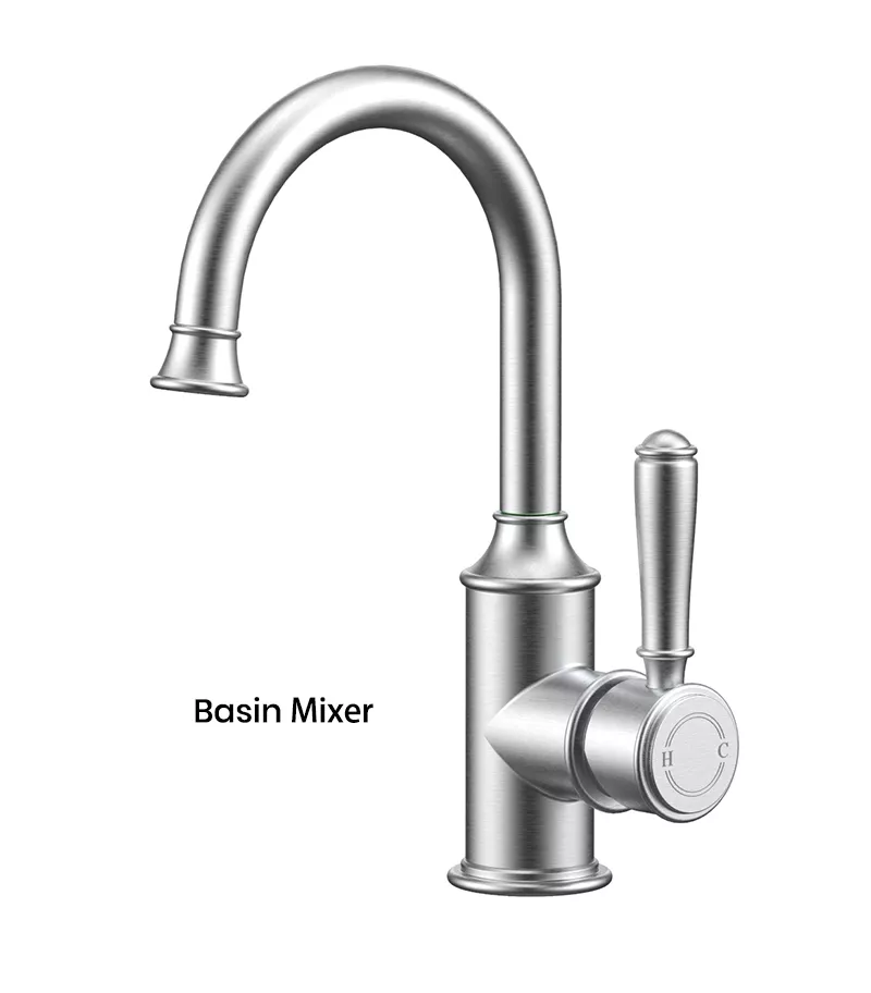 IKON Clasico Brushed Nickel Solid Handle Gooseneck Basin Mixer HYB868-201BN