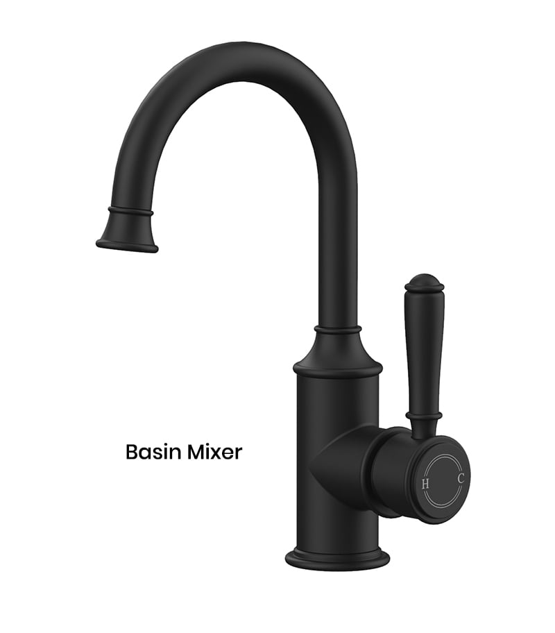 IKON Clasico Matt Black Solid Handle Gooseneck Basin Mixer HYB868-201MB