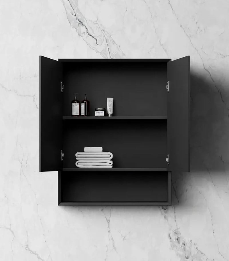 Marlo 600mm x 800mm Matt Black Shaving Cabinet With Shelf Inside View