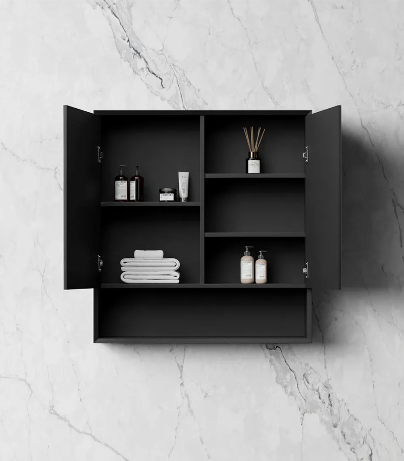 Marlo 750mm x 800mm Matt Black Shaving Cabinet With Shelf Inside View