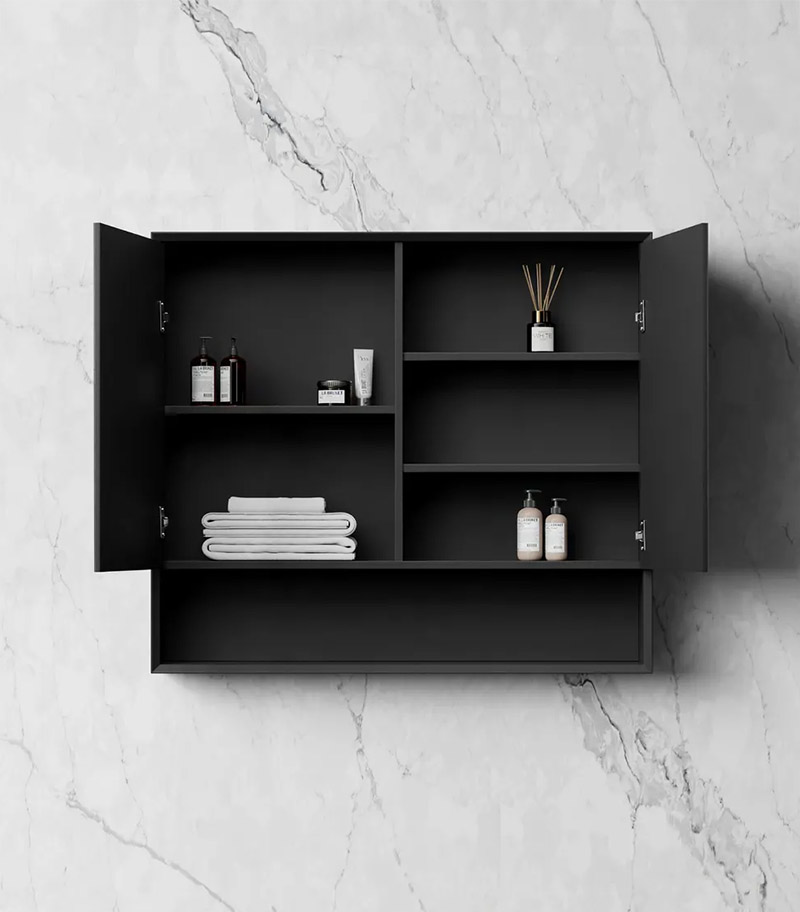 Marlo 900mm x 800mm Matt Black Shaving Cabinet With Shelf Inside View