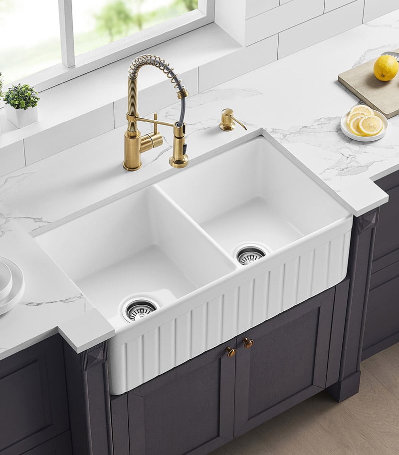 Greenwich Fireclay Farmhouse Gloss White Double Bowl Sink 828mm - With Background