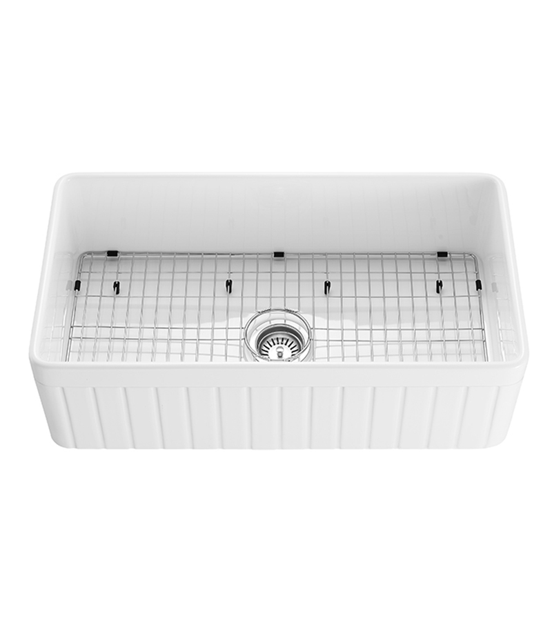 Greenwich Fireclay Farmhouse Gloss White Single Bowl Sink 828mm - With Rack