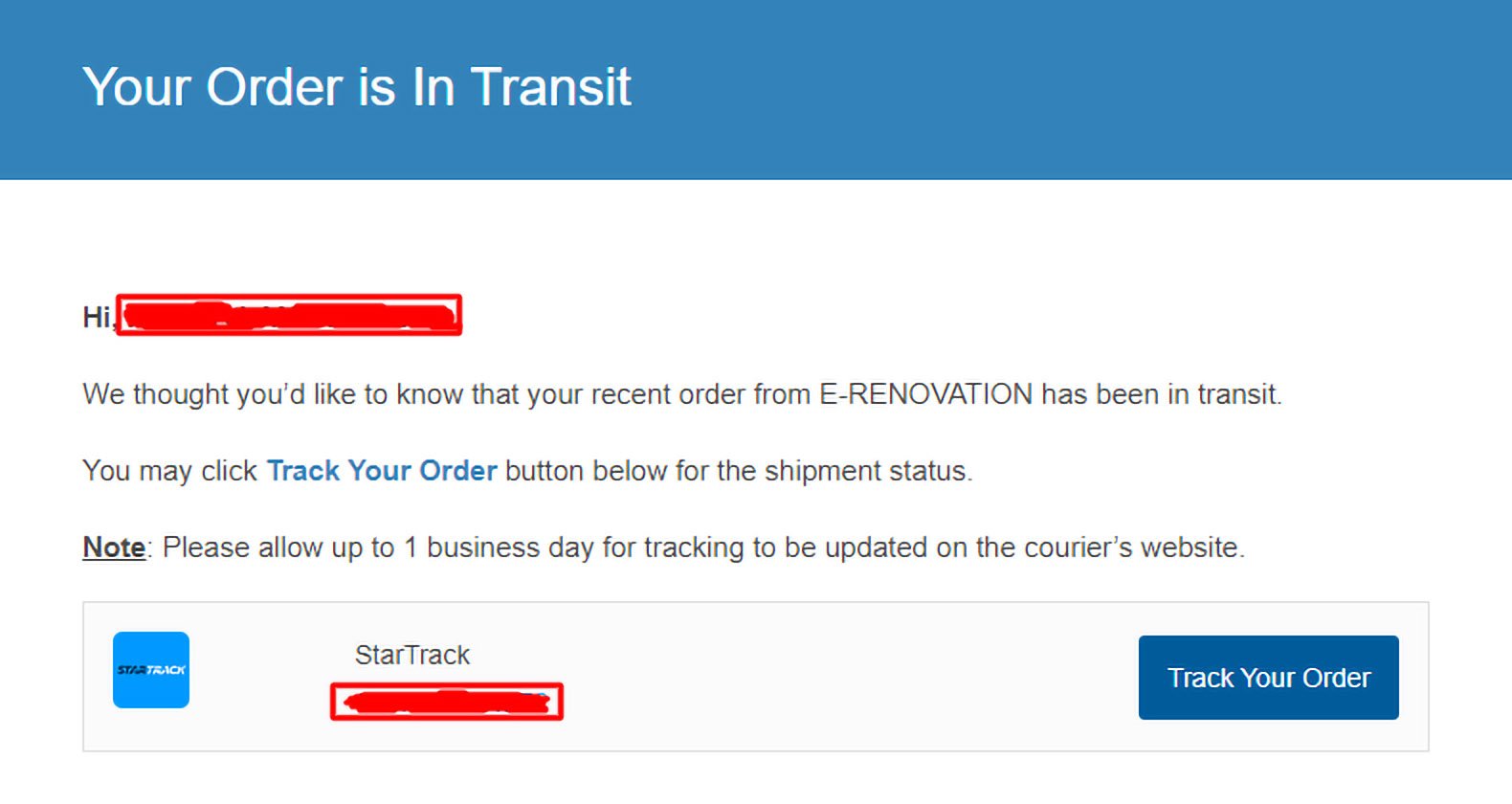 Tracking order email example