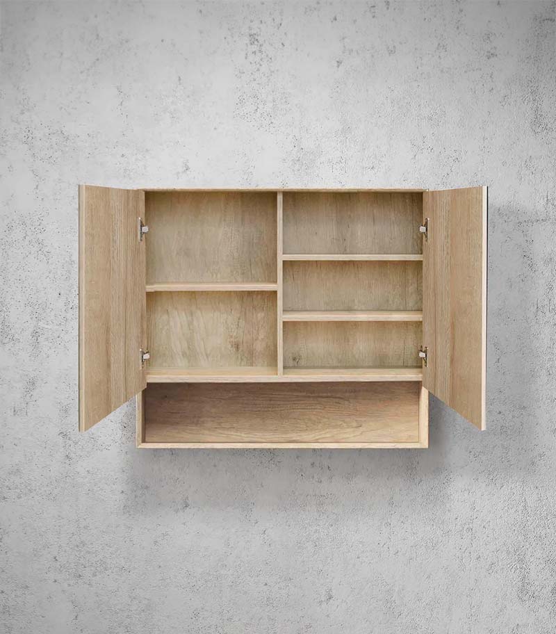 Byron 900mm x 800mm Natural Oak Shaving Cabinet With Shelf Inside View