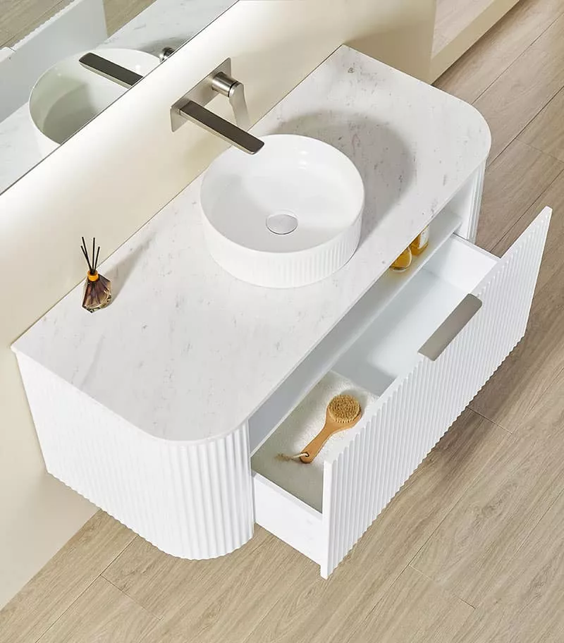 CETO AVOLON 1190mm Matt White Wall Hung Vanity Cabinet Drawer-open CETO AVOLON 1190mm Matt White Wall Hung Vanity Cabinet Drawer-open