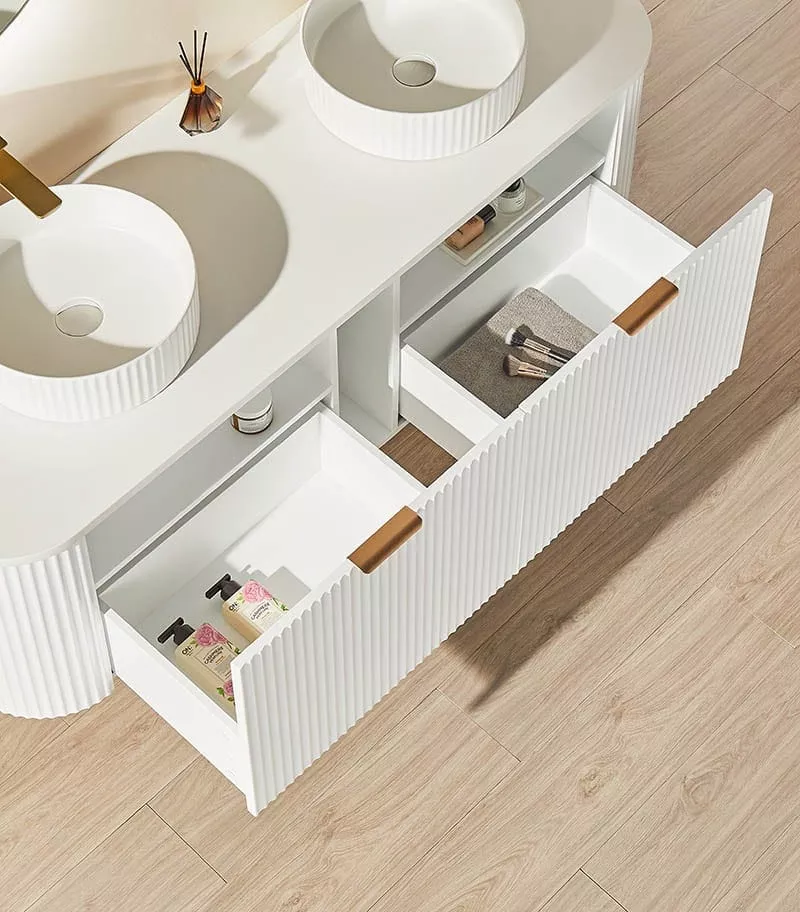 CETO AVOLON 1490mm Matt White Wall Hung Vanity Cabinet Drawers-open CETO AVOLON 1490mm Matt White Wall Hung Vanity Cabinet Drawers-open