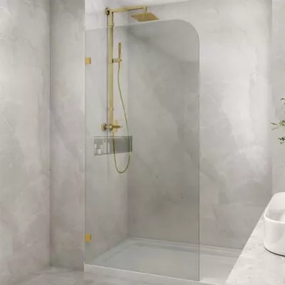Frameless Single Shower Screen Panel With Curved Corner - Brushed Gold Fittings