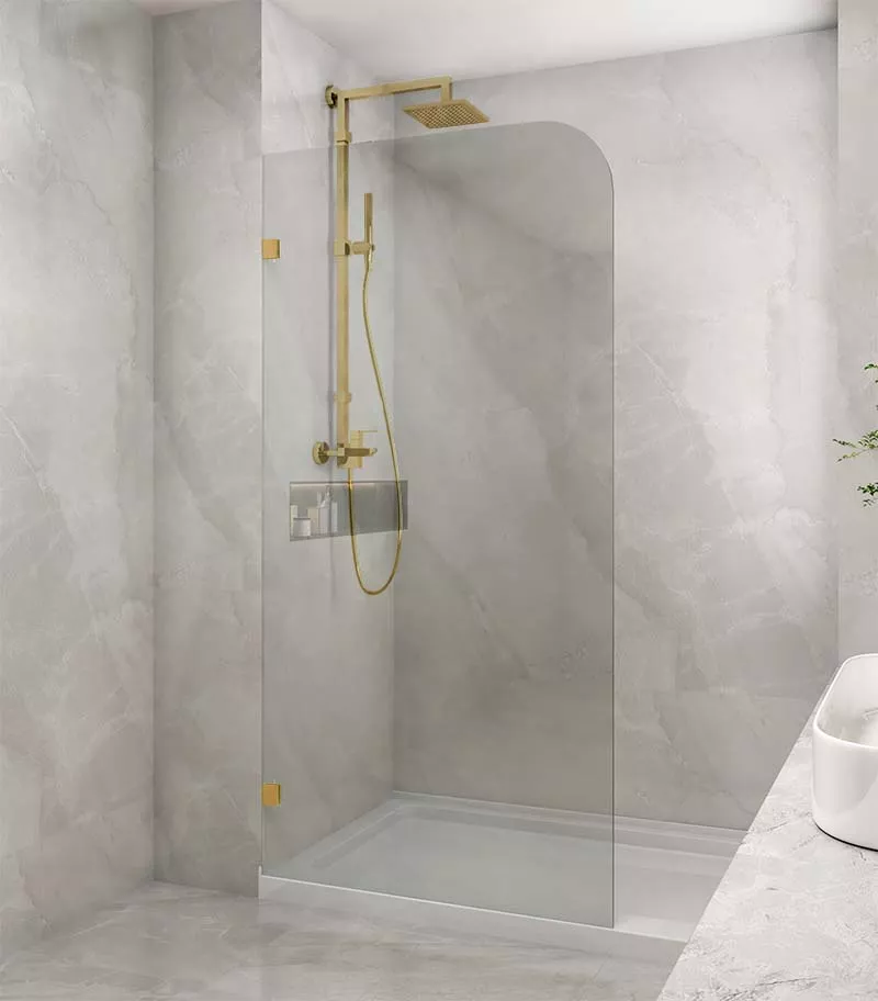 Frameless Single Shower Screen Panel With Curved Corner - Brushed Gold Fittings