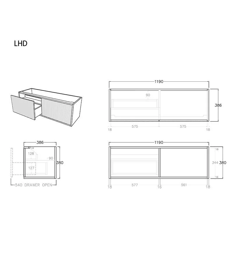 Bellevue Groove 1190mm Narrow Wall Hung Vanity Cabinet - LHD Specs Bellevue Groove 1190mm Narrow Wall Hung Vanity Cabinet - LHD Specs