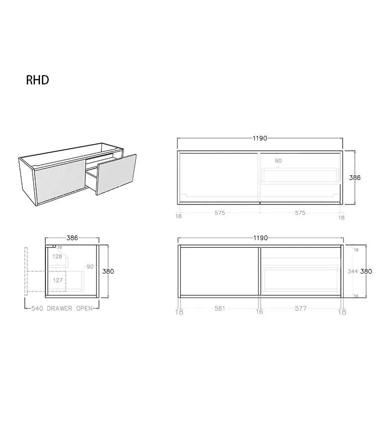Bellevue Groove 1190mm Narrow Wall Hung Vanity Cabinet - RHD Specs Bellevue Groove 1190mm Narrow Wall Hung Vanity Cabinet - RHD Specs