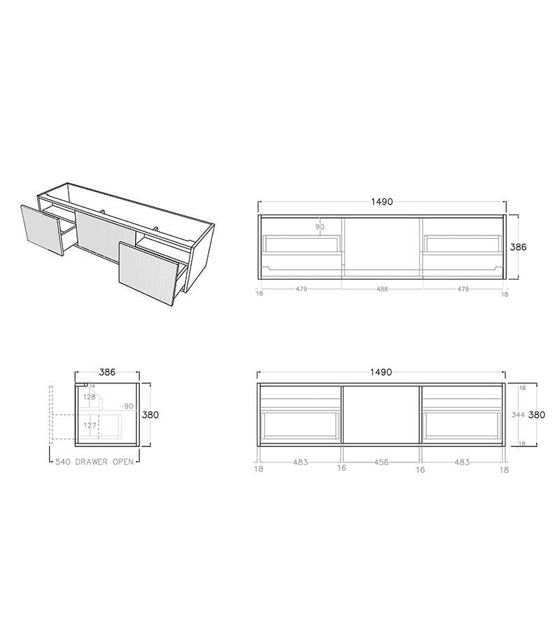 Bellevue Groove 1490mm Narrow Wall Hung Vanity Cabinet Specification