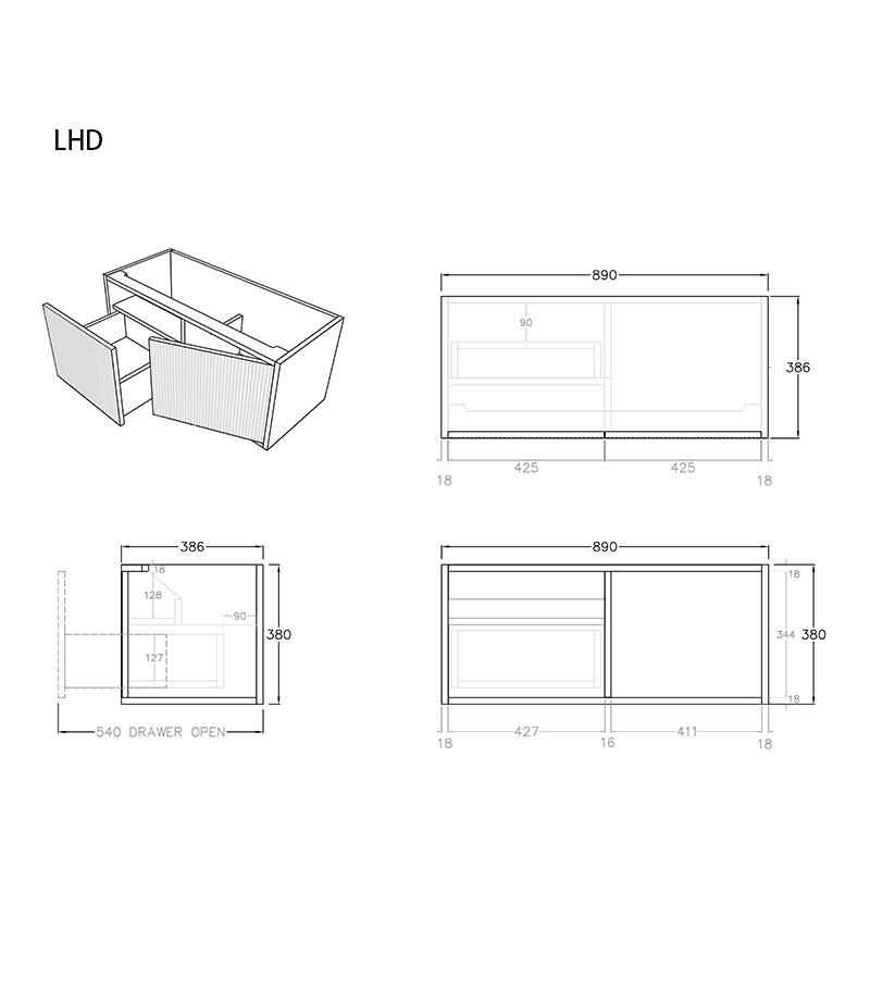 Bellevue Groove 890mm Narrow Wall Hung Vanity Cabinet - LHD Specs