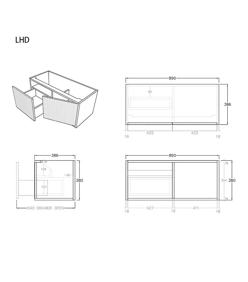 Bellevue Groove 890mm Narrow Wall Hung Vanity Cabinet - LHD Specs Bellevue Groove 890mm Narrow Wall Hung Vanity Cabinet - LHD Specs