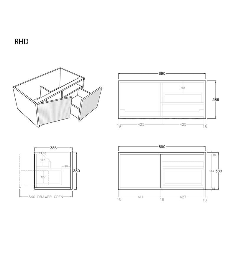 Bellevue Groove 890mm Narrow Wall Hung Vanity Cabinet - RHD Specs