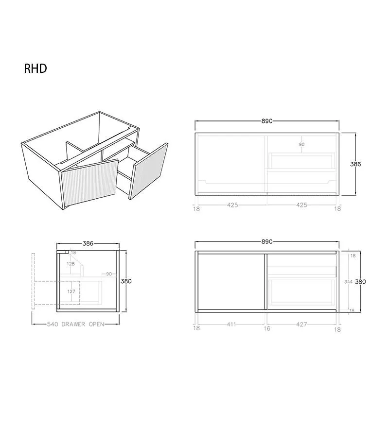 Bellevue Groove 890mm Narrow Wall Hung Vanity Cabinet - RHD Specs Bellevue Groove 890mm Narrow Wall Hung Vanity Cabinet - RHD Specs
