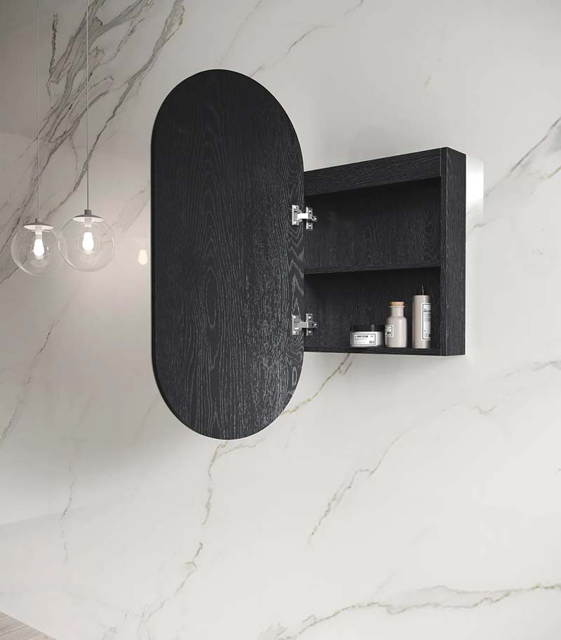 LED Noosa Black Oak Oval Shaving Cabinet Interior View