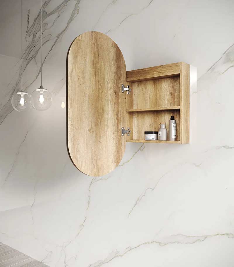 LED Noosa Natural Oak Oval Shaving Cabinet Interior View