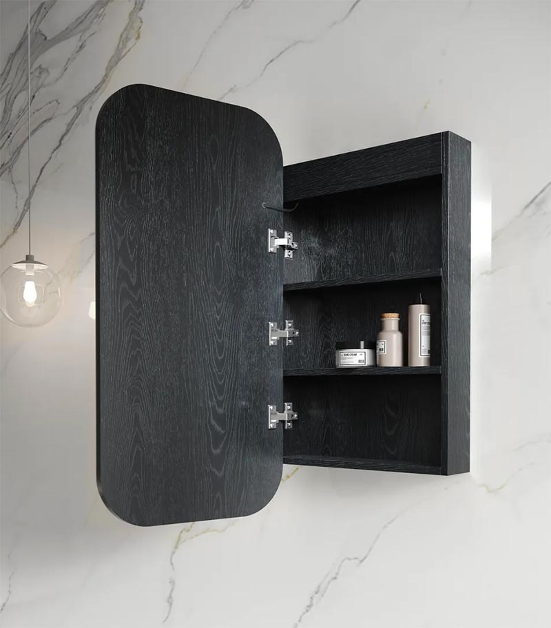 LED Newport Black Oak Shaving Cabinet Interior View