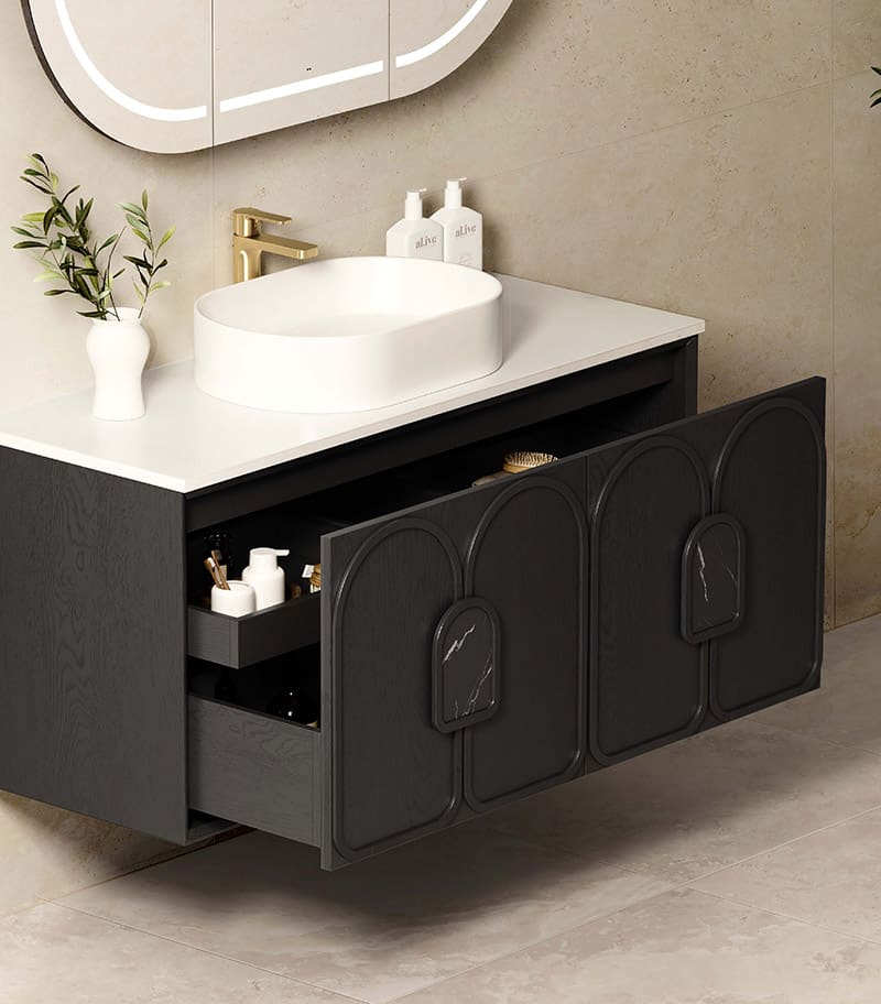 Laguna Black Oak 1200mm Wall Hung Vanity Cabinet Pure White Stone Top Drawer Open View