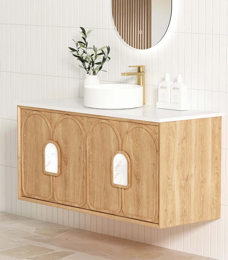 Laguna Natural American Oak 1200mm Wall Hung Vanity Cabinet Pure White Stone Top Drawer Sideview