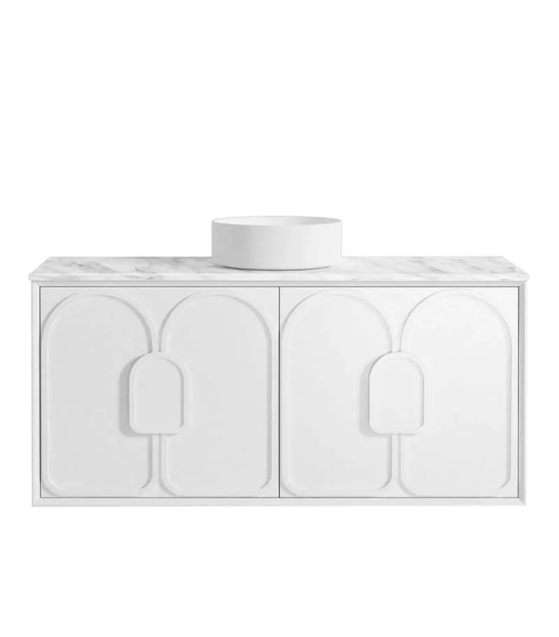 Laguna Satin White 1200mm Wall Hung Vanity Cabinet Carrara Marble Top Laguna Satin White 1200mm Wall Hung Vanity Cabinet Carrara Marble Top