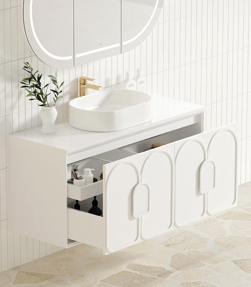 Laguna Satin White 1200mm Wall Hung Vanity Cabinet Pure White Stone Top Drawer Open Door