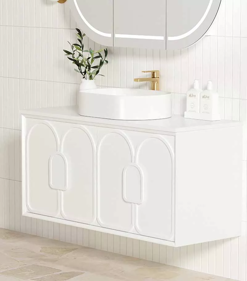 Laguna Satin White 1200mm Wall Hung Vanity Cabinet Pure White Stone Top Drawer Sideview Laguna Satin White 1200mm Wall Hung Vanity Cabinet Pure White Stone Top Drawer Sideview